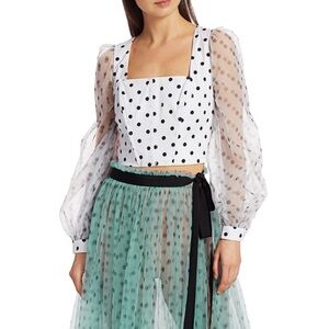 Staud Rose Polka Dot Puff-Sleeve Organza Bustier Top